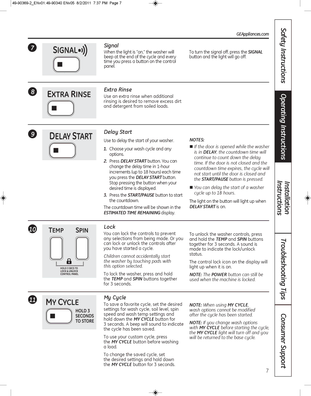 GE wcvh4800k, wcvh4815k installation instructions Signal, Extra Rinse, Delay Start, Lock, My Cycle 