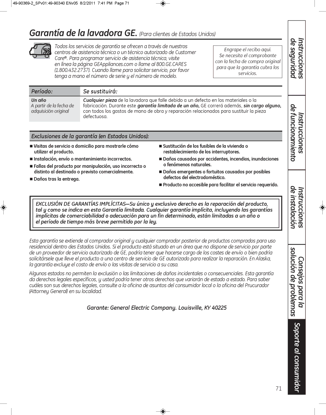 GE wcvh4800k Período Se sustituirá, Exclusiones de la garantía en Estados Unidos, Un año, Instrucciones de funcionamiento 