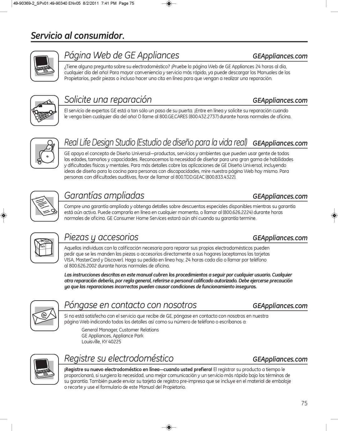 GE wcvh4800k, wcvh4815k Servicio al consumidor Página Web de Ge appliances, Solicite una reparación, Garantías ampliadas 