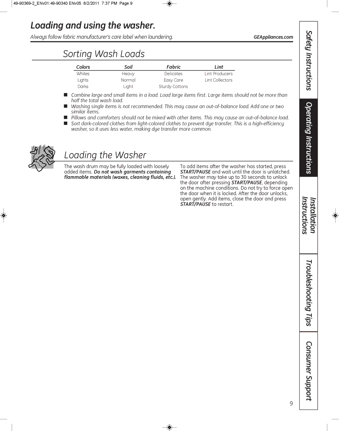 GE wcvh4800k, wcvh4815k installation instructions Loading and using the washer, Sorting Wash Loads, Loading the Washer 