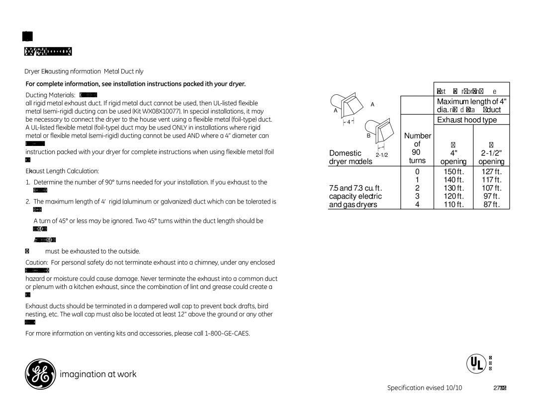 GE PFDS455ELMG, WE25M46 dimensions Dryer Exhausting Information Metal Duct Only, Exhaust Length Calculation 