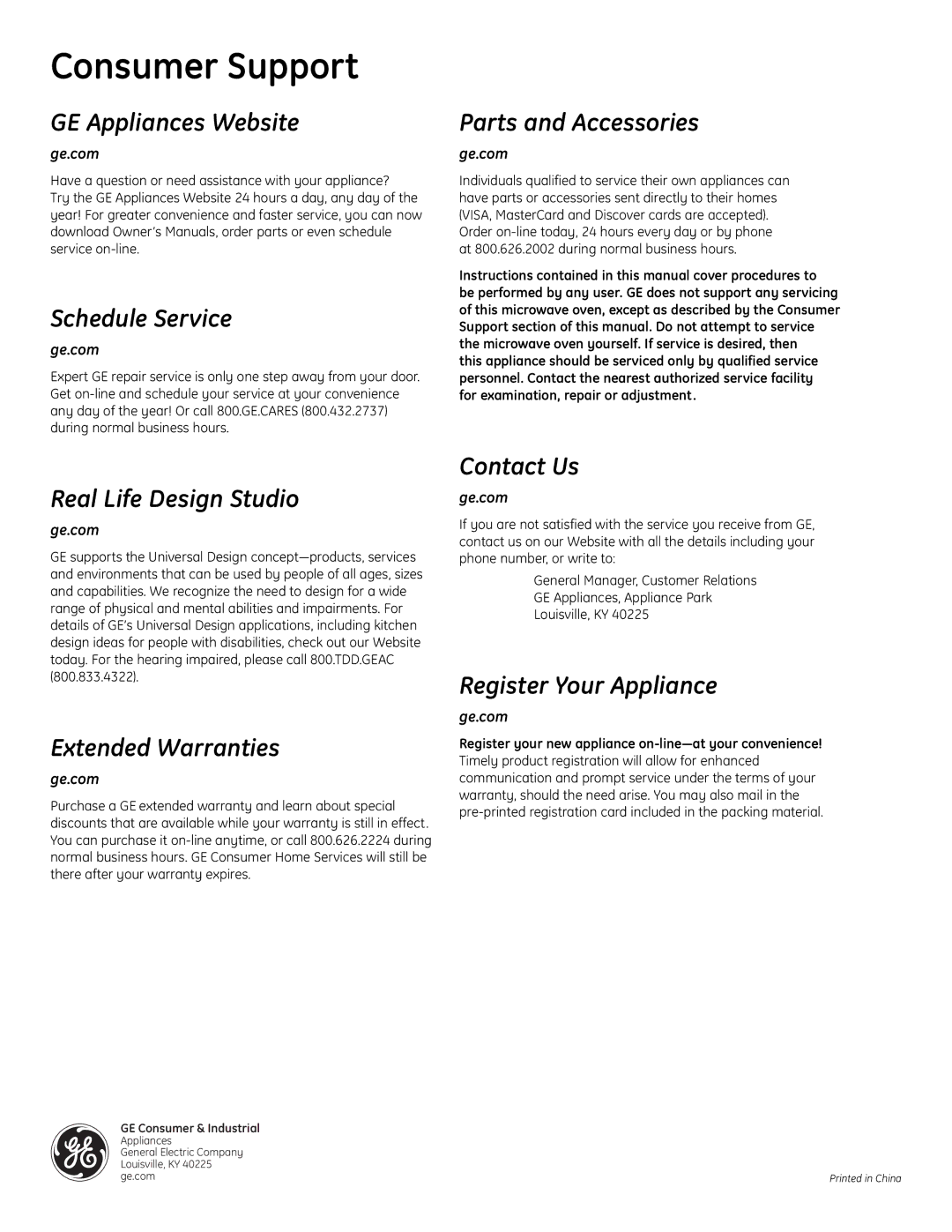 GE WES0930 operating instructions Consumer Support, Ge.com, Have a question or need assistance with your appliance? 