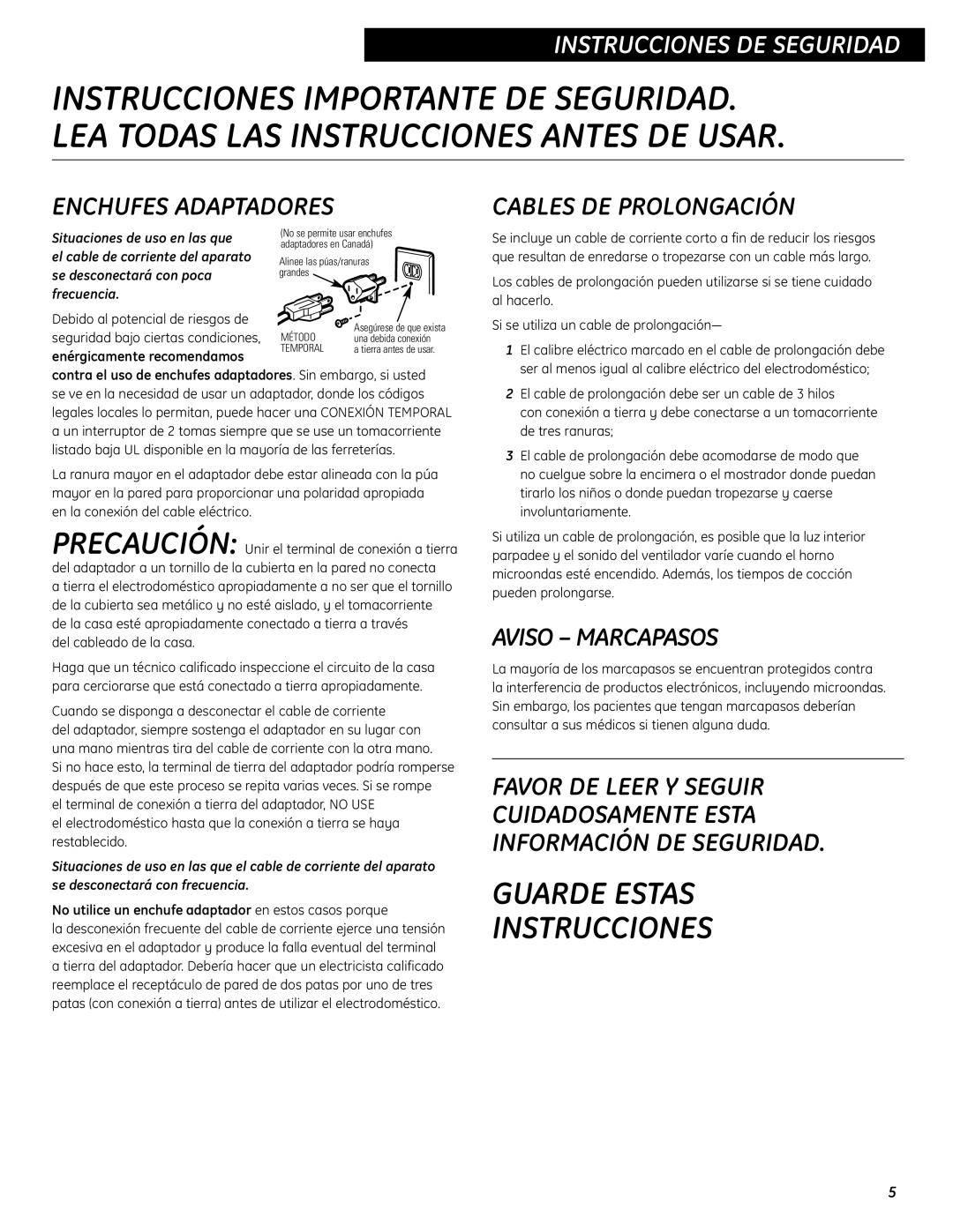 GE WES0930 Enchufes Adaptadores, Cables DE Prolongación, Aviso Marcapasos, Enérgicamente recomendamos 