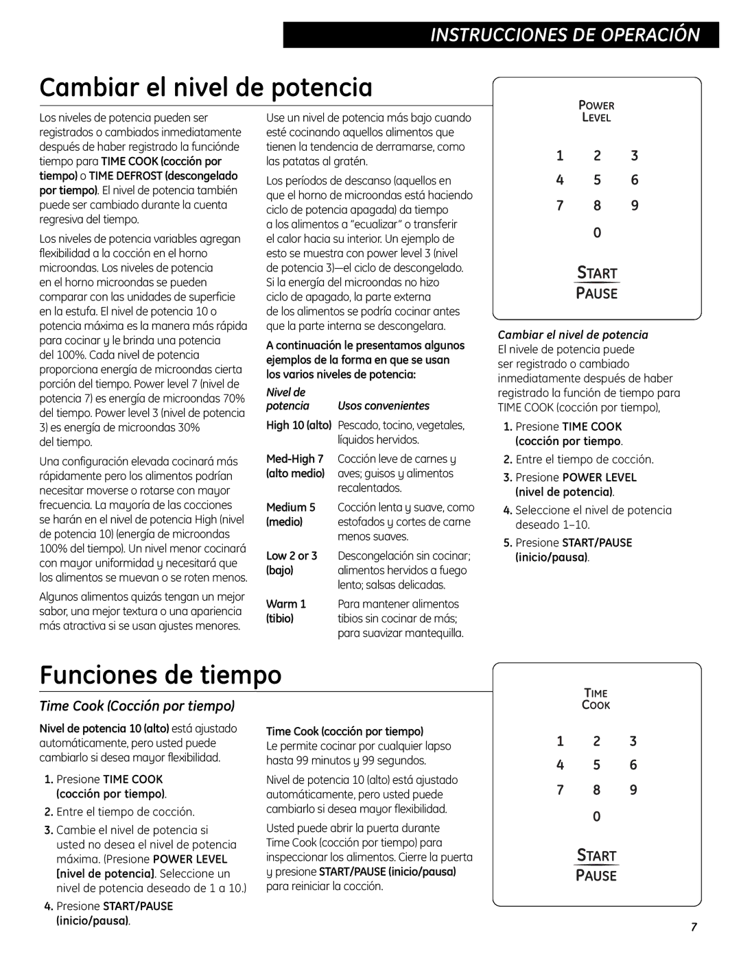 GE WES0930 Cambiar el nivel de potencia, Funciones de tiempo, Time Cook Cocción por tiempo, Nivel de Potencia 