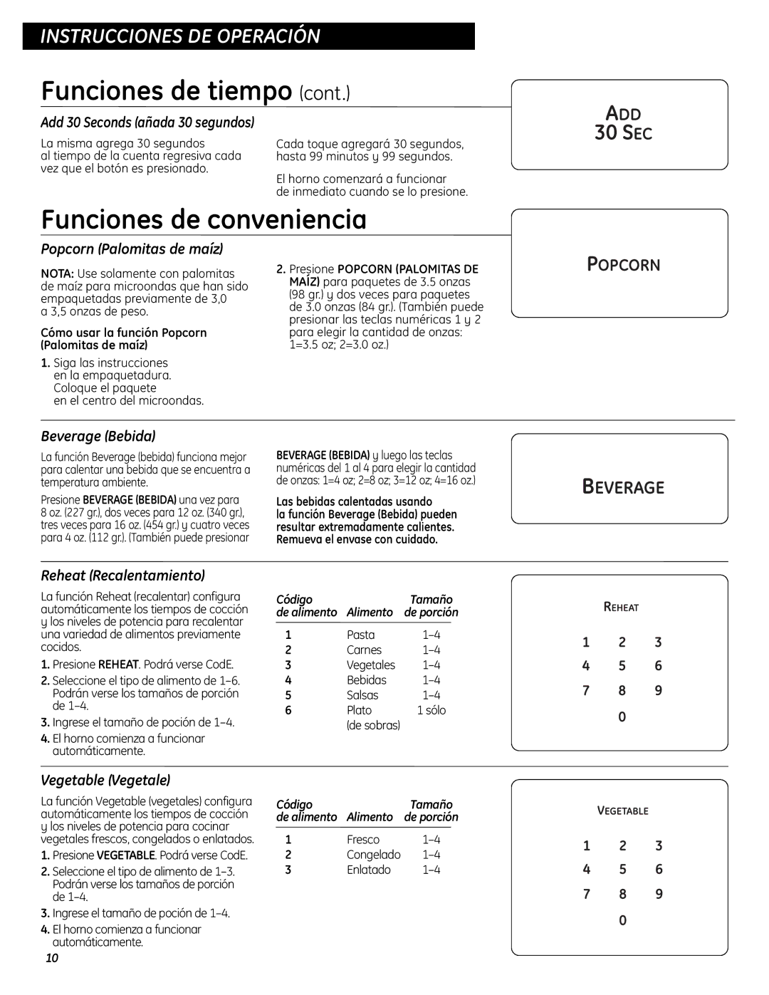 GE WES0930 Funciones de conveniencia, Popcorn Palomitas de maíz, Beverage Bebida, Reheat Recalentamiento 
