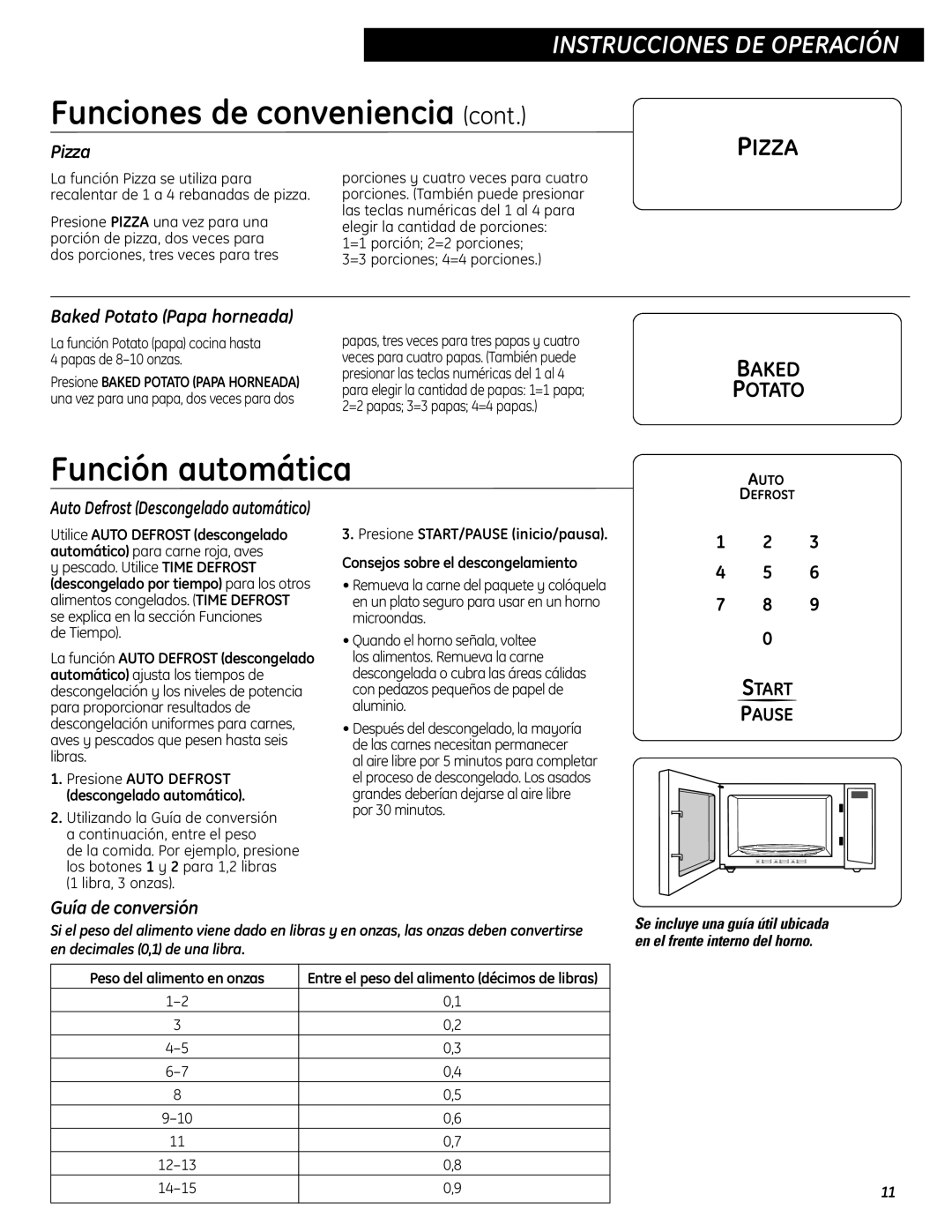 GE WES0930 Función automática, Baked Potato Papa horneada, Guía de conversión, Auto Defrost Descongelado automático 