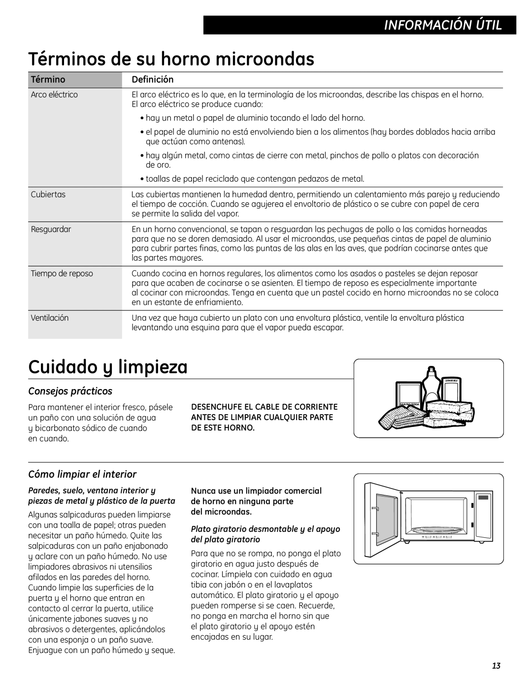 GE WES0930 Términos de su horno microondas, Cuidado y limpieza, Consejos prácticos, Cómo limpiar el interior 