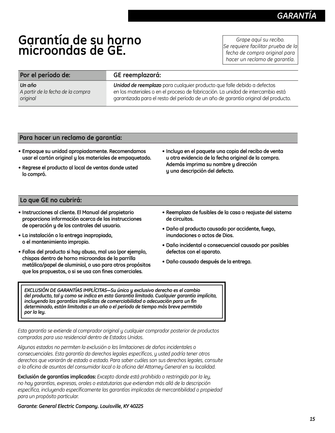 GE WES0930 operating instructions Por el período de GE reemplazará, Para hacer un reclamo de garantía, Lo que GE no cubrirá 