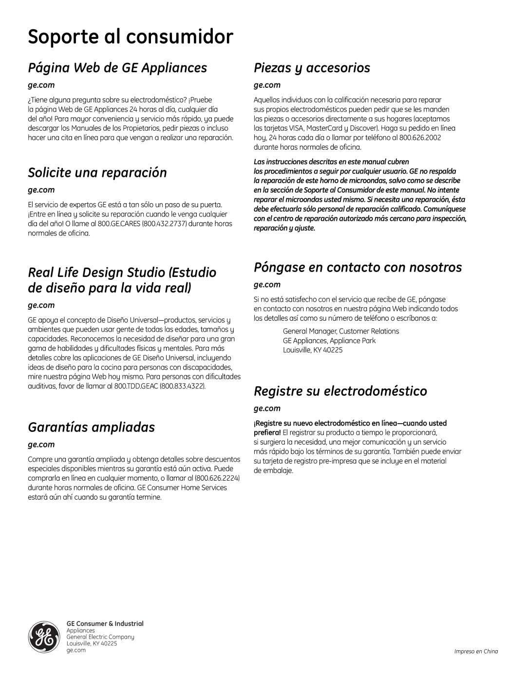 GE WES0930 Soporte al consumidor, ¡Registre su nuevo electrodoméstico en línea-cuando usted, De embalaje 