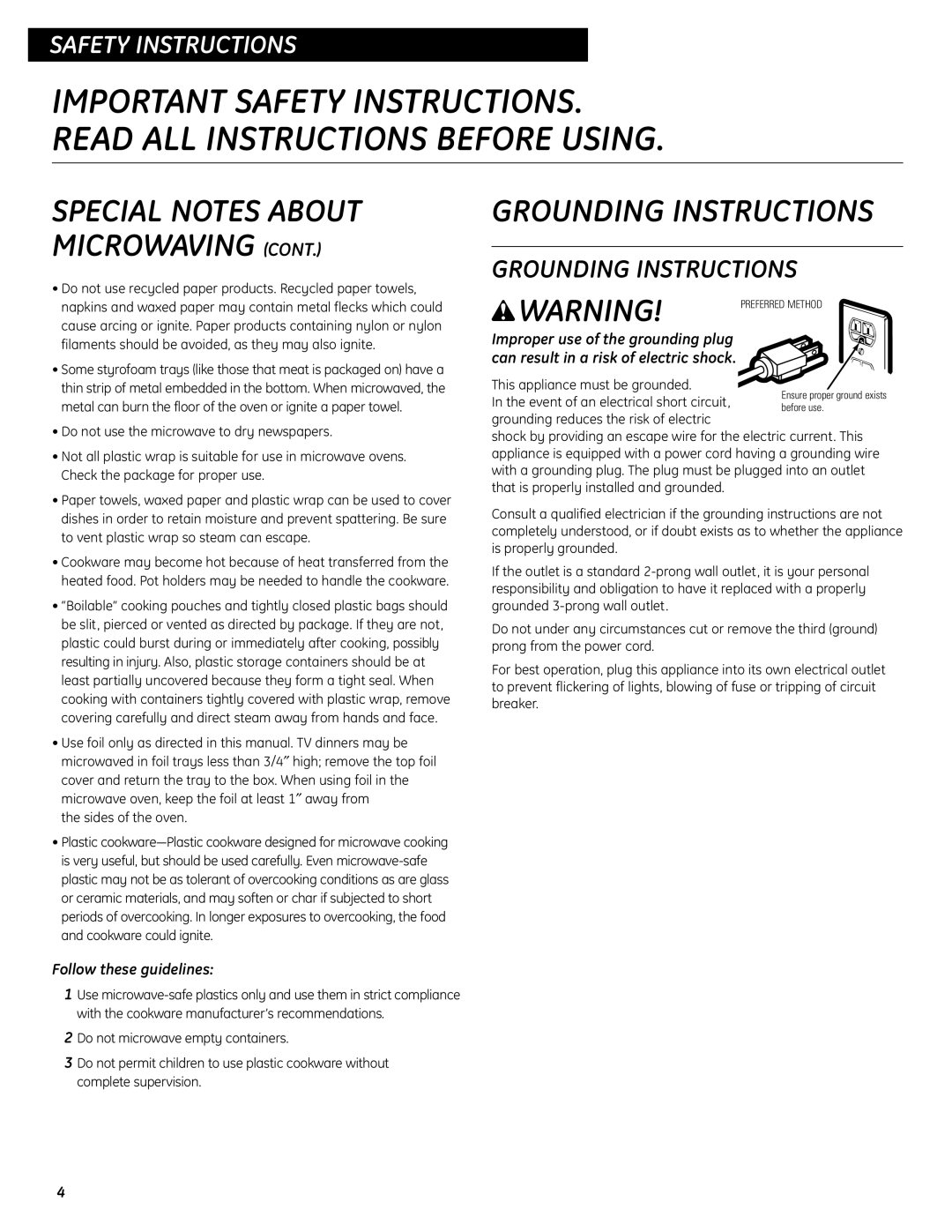 GE WES0930 operating instructions Grounding Instructions, Follow these guidelines 