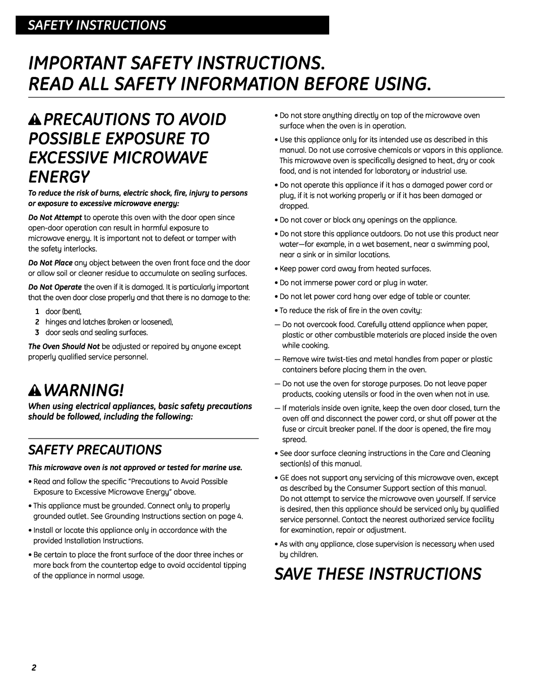 GE WES0930 Important Safety Instructions, Read All Safety Information Before Using, wPRECAUTIONS TO AVOID, w WARNING 