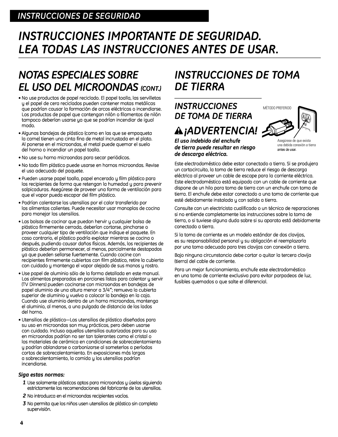 GE WES0930 Notas Especiales Sobre, Instrucciones De Toma De Tierra, w¡ADVERTENCIA, El Uso Del Microondas Cont 