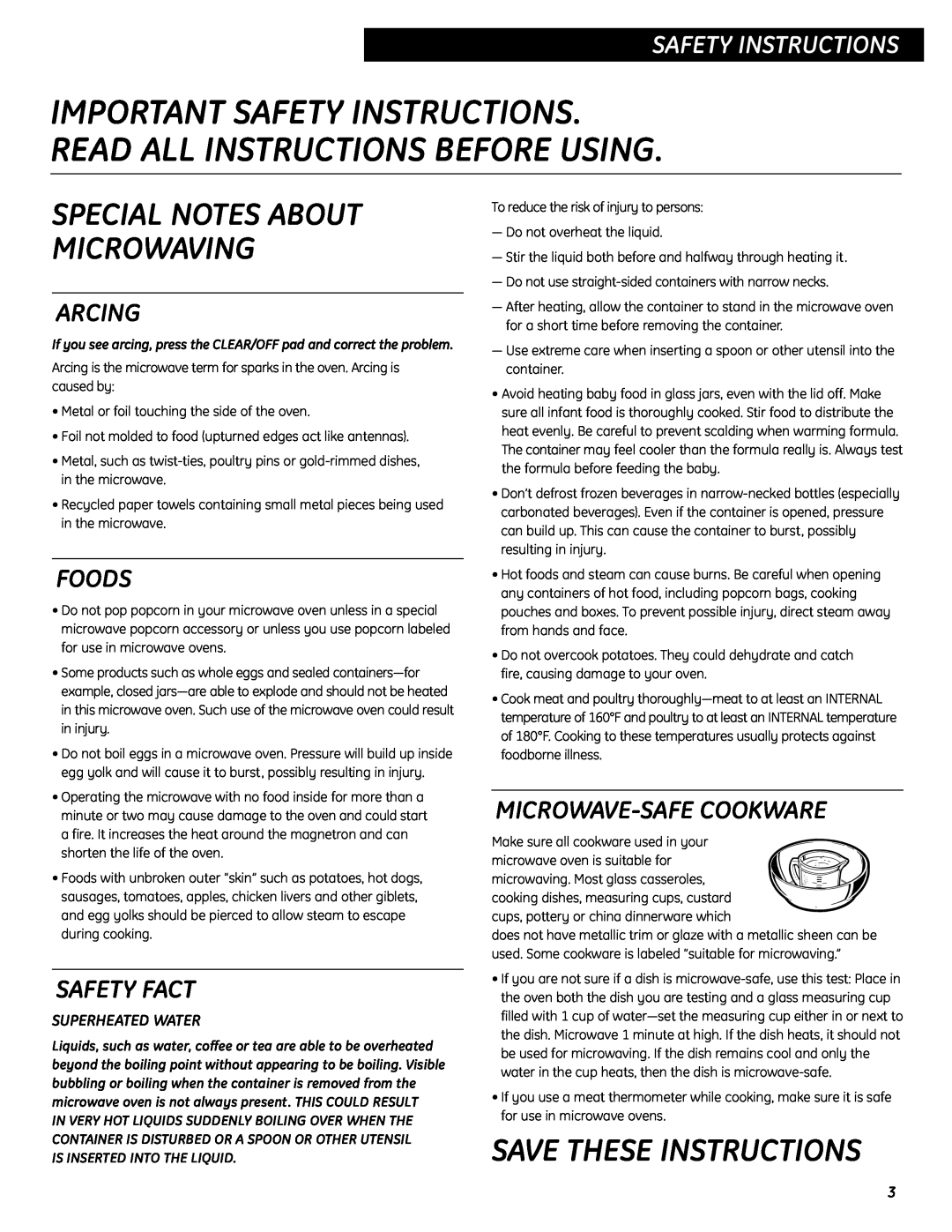 GE WES0930 Important Safety Instructions Read All Instructions Before Using, Special Notes About Microwaving, Arcing 