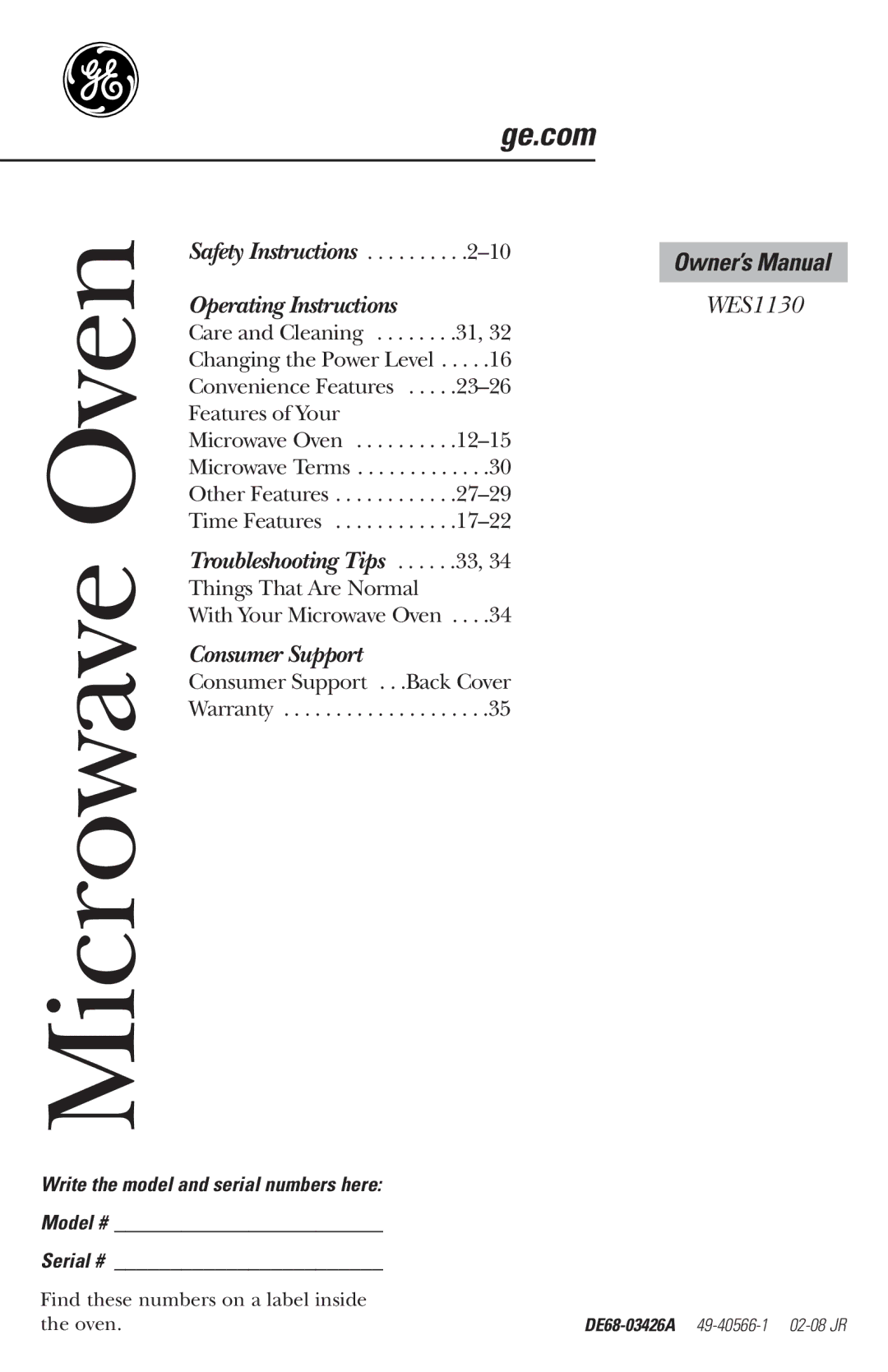 GE WES1130 owner manual Microwave Oven, Write the model and serial numbers here 