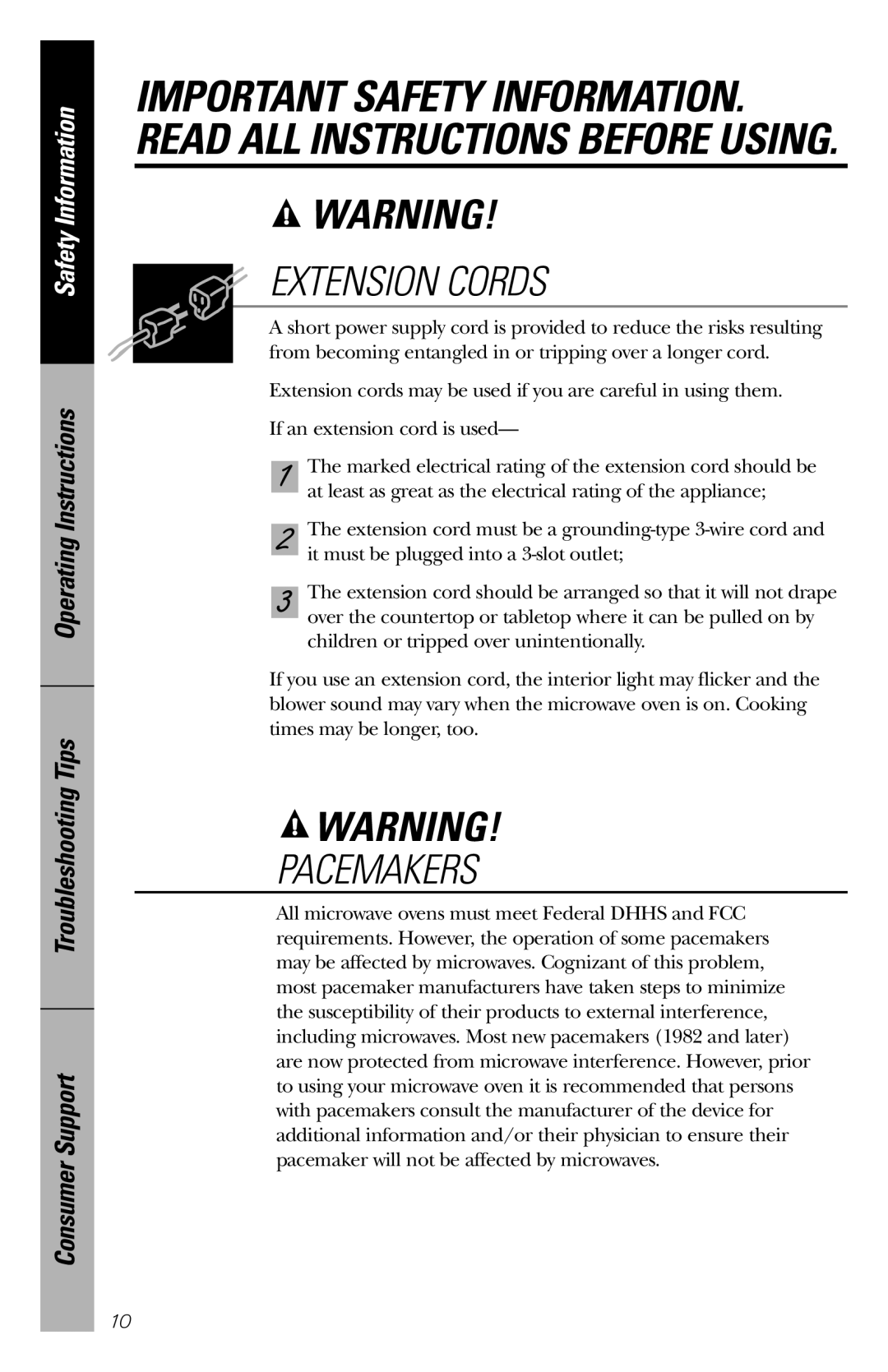 GE WES1130 owner manual Extension Cords 