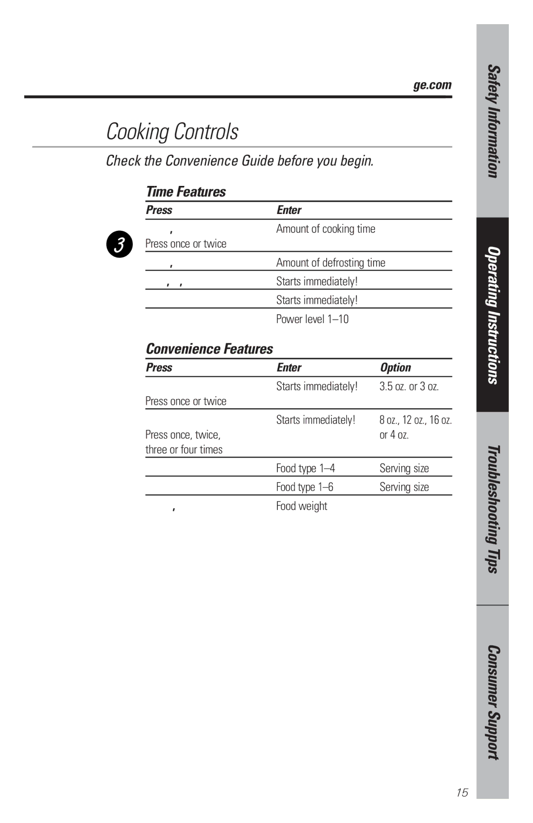 GE WES1130 owner manual Time Features, Convenience Features 