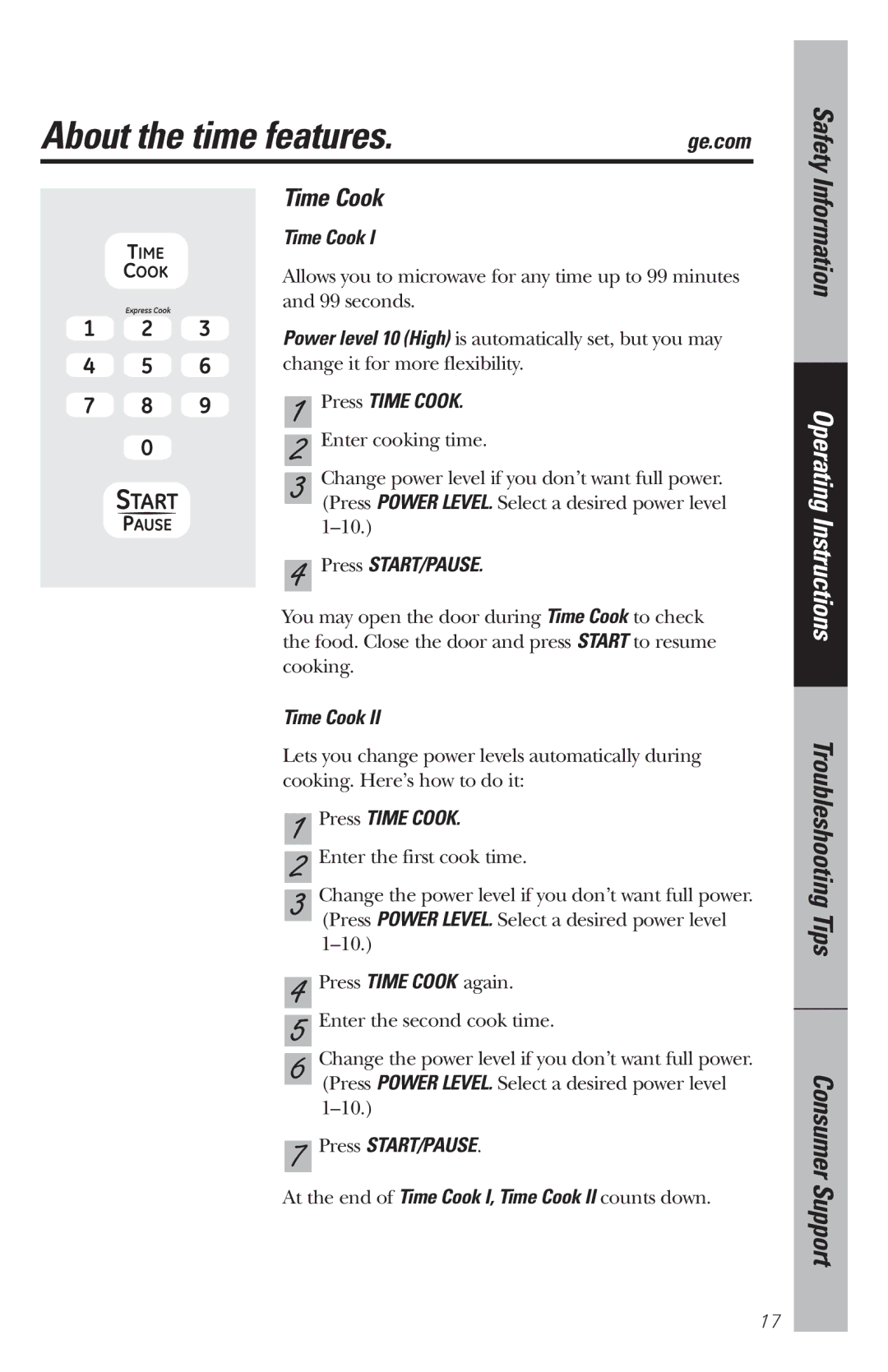 GE WES1130 owner manual About the time features, Press Time Cook, Press START/PAUSE 