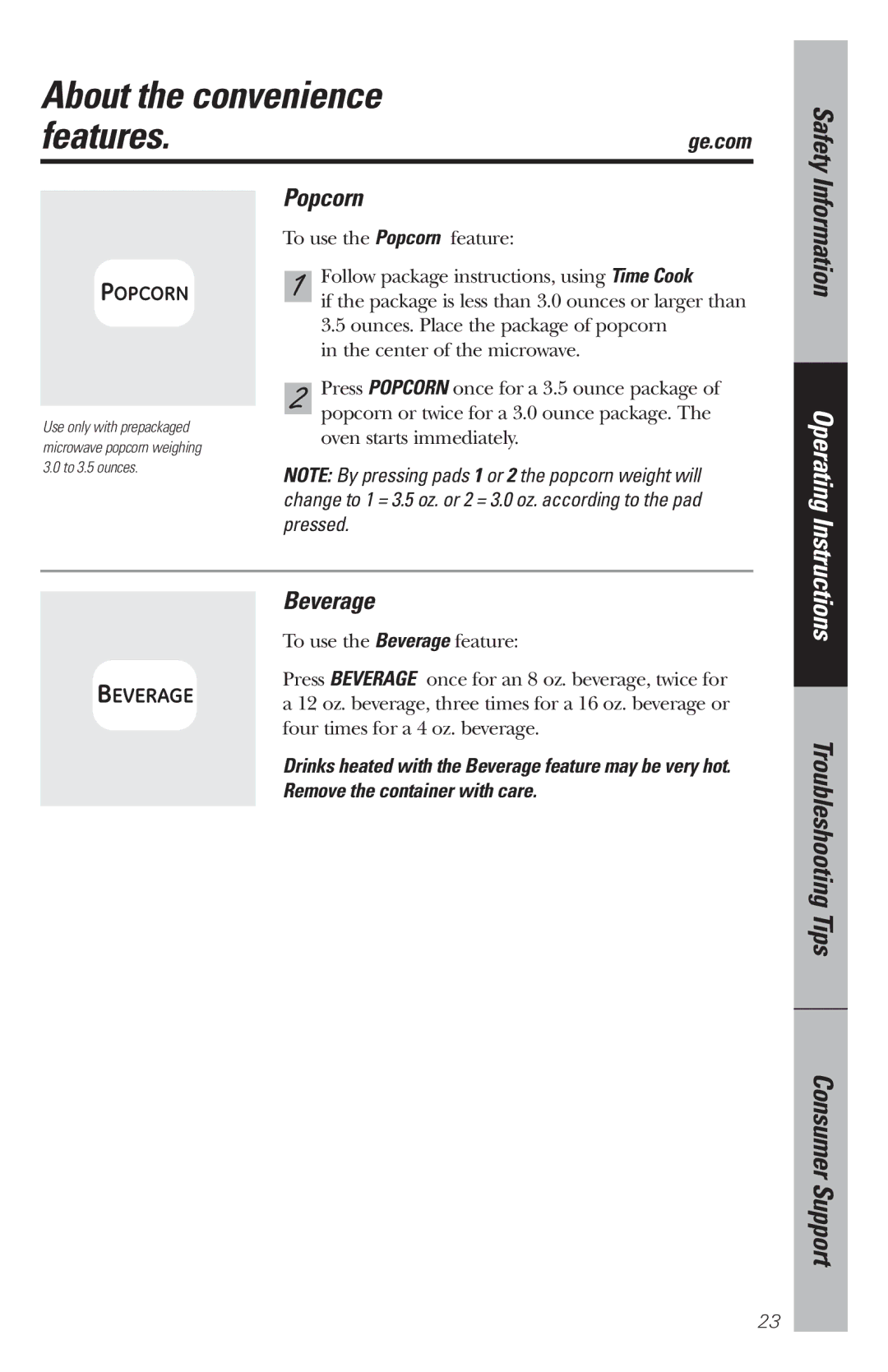 GE WES1130 owner manual About the convenience Features.ge.com, Popcorn, Beverage 