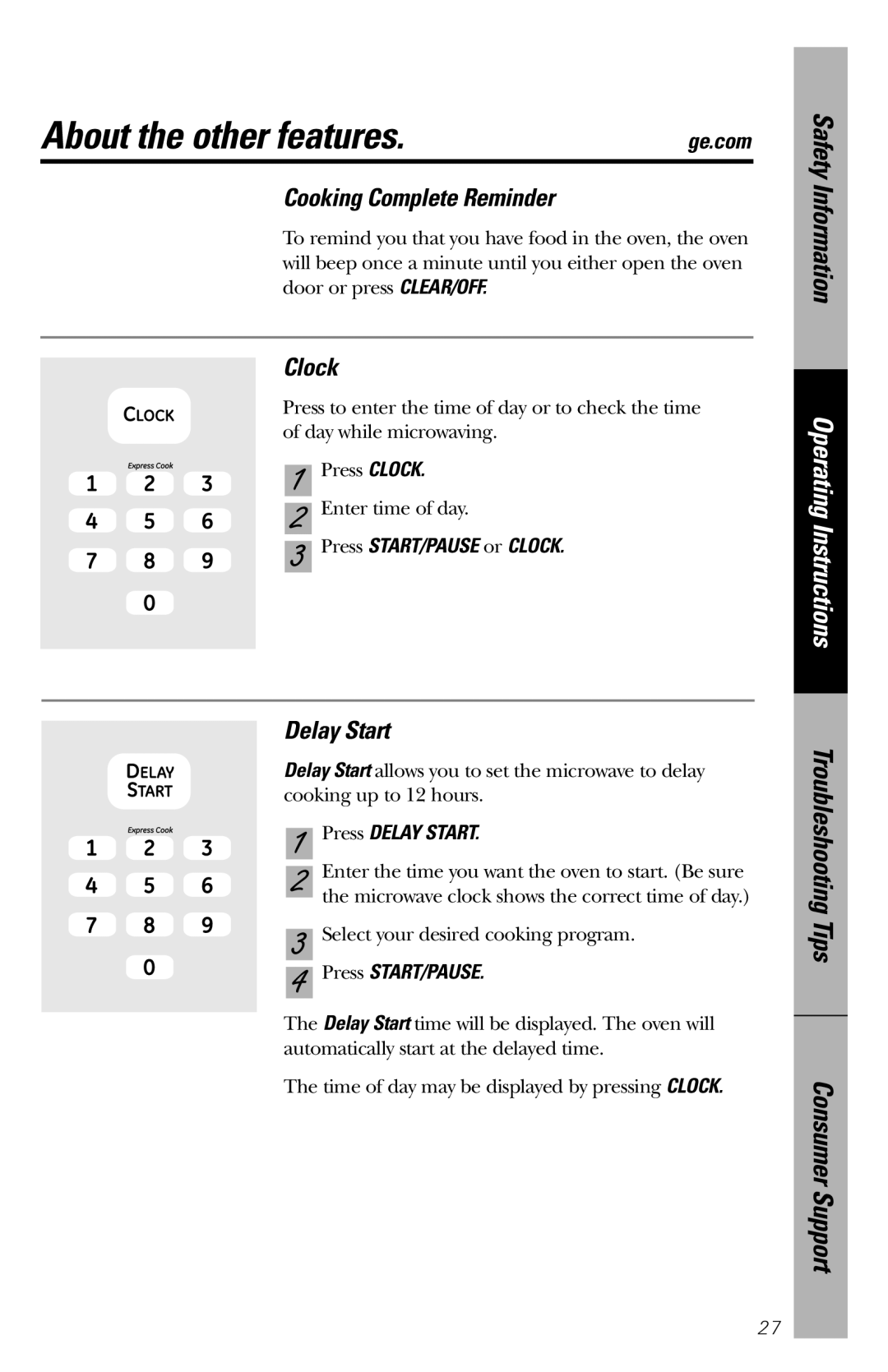 GE WES1130 owner manual About the other features, Cooking Complete Reminder, Clock, Delay Start 