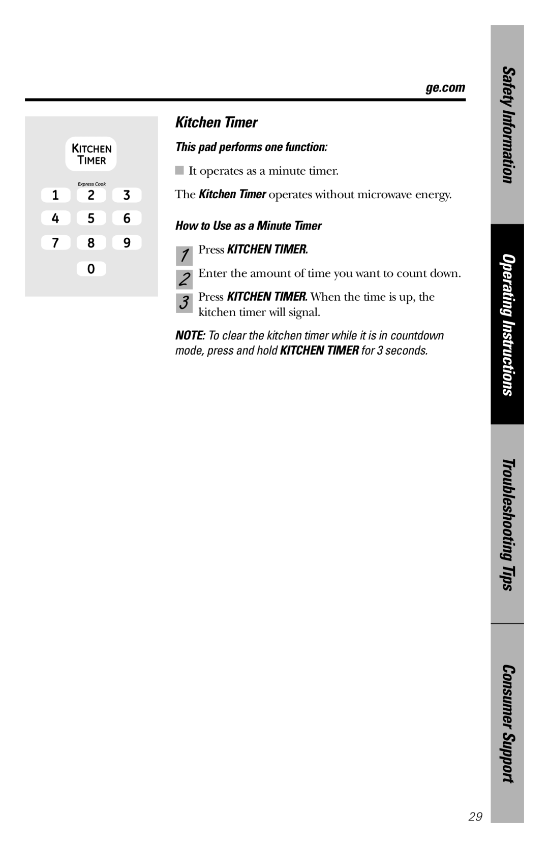 GE WES1130 owner manual This pad performs one function, How to Use as a Minute Timer Press Kitchen Timer 