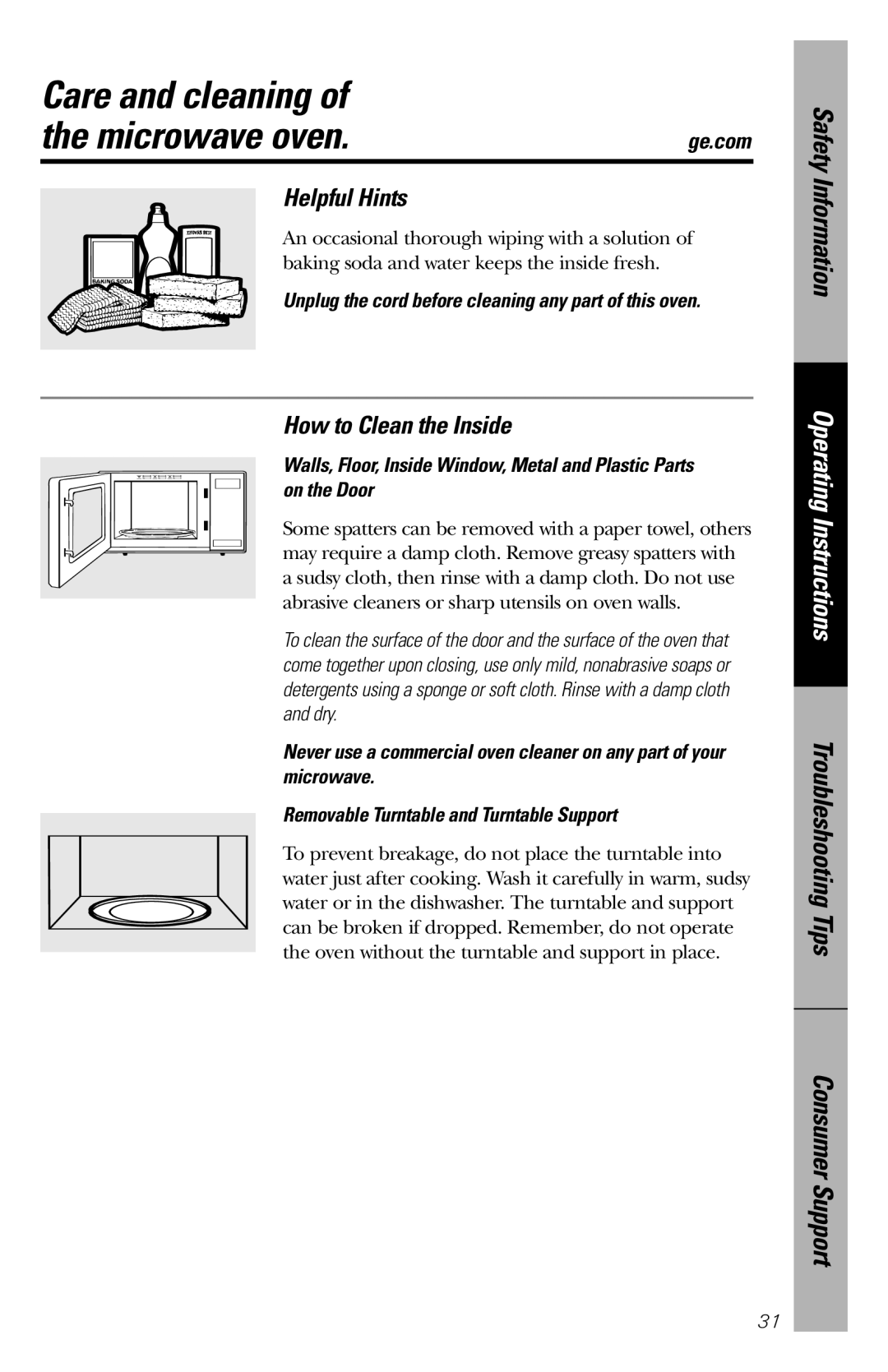 GE WES1130 owner manual Care and cleaning Microwave oven, Helpful Hints, How to Clean the Inside 