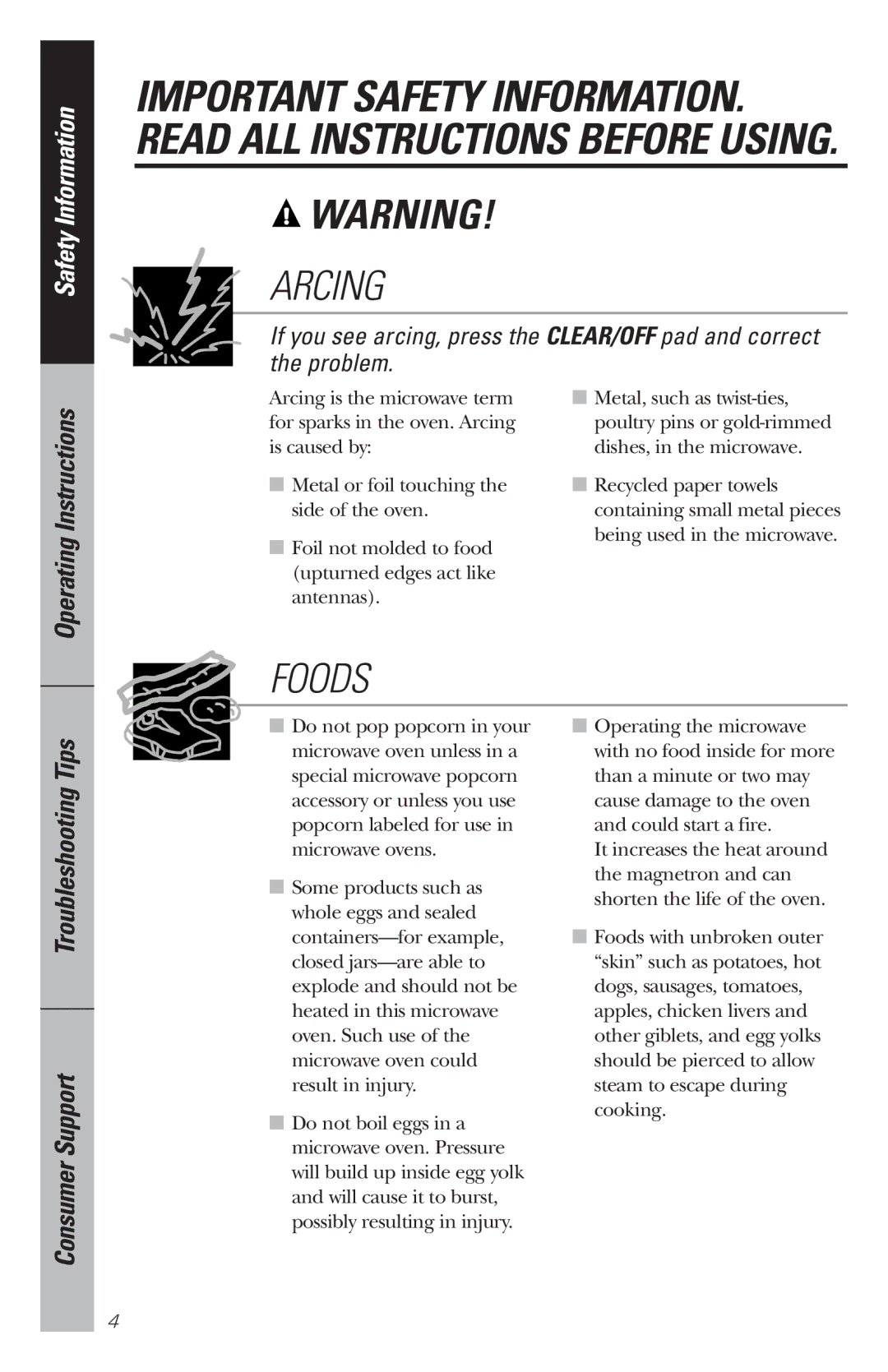 GE WES1130 owner manual Arcing, Operating Instructions 