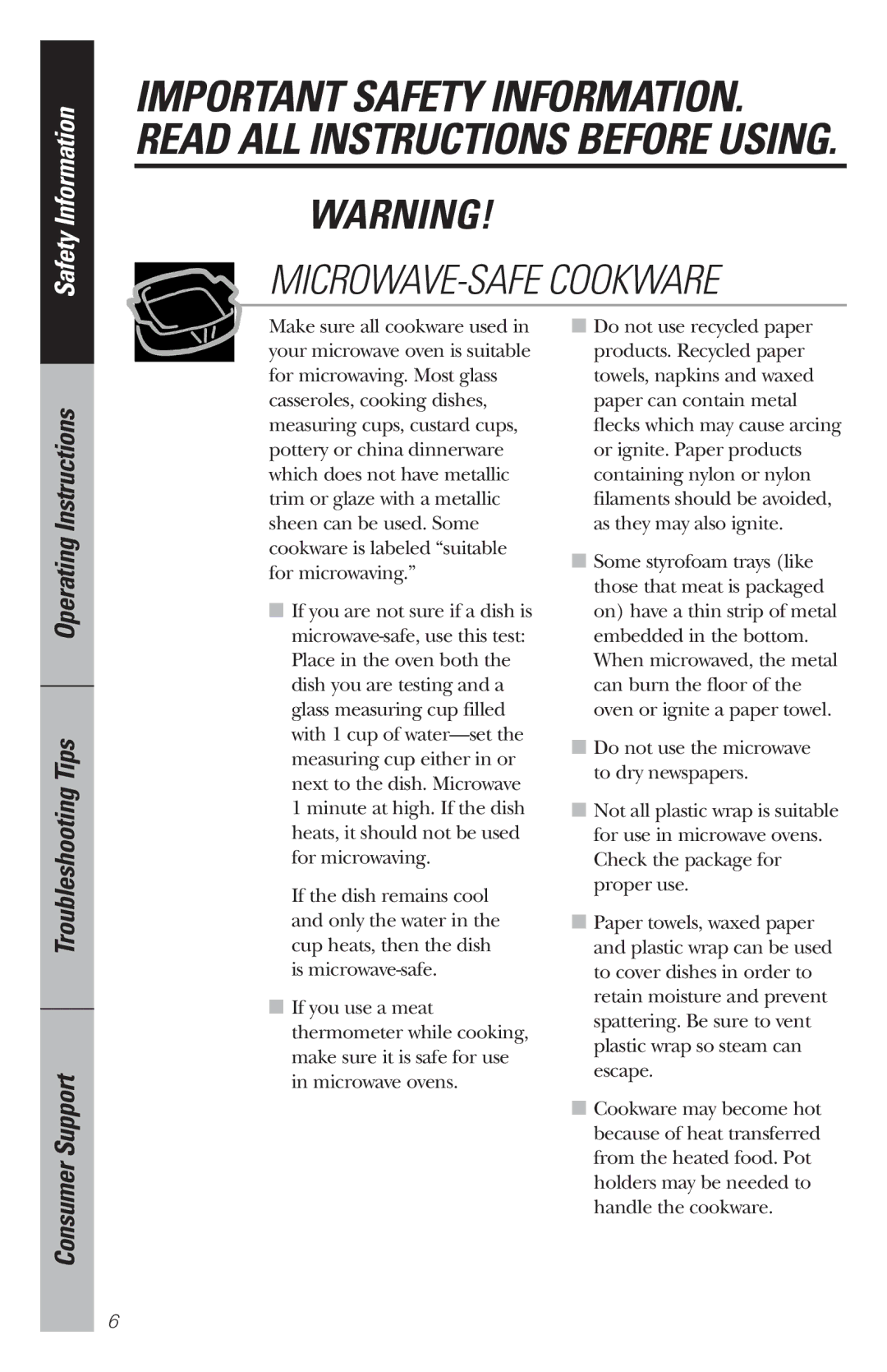 GE WES1130 owner manual MICROWAVE-SAFE Cookware 