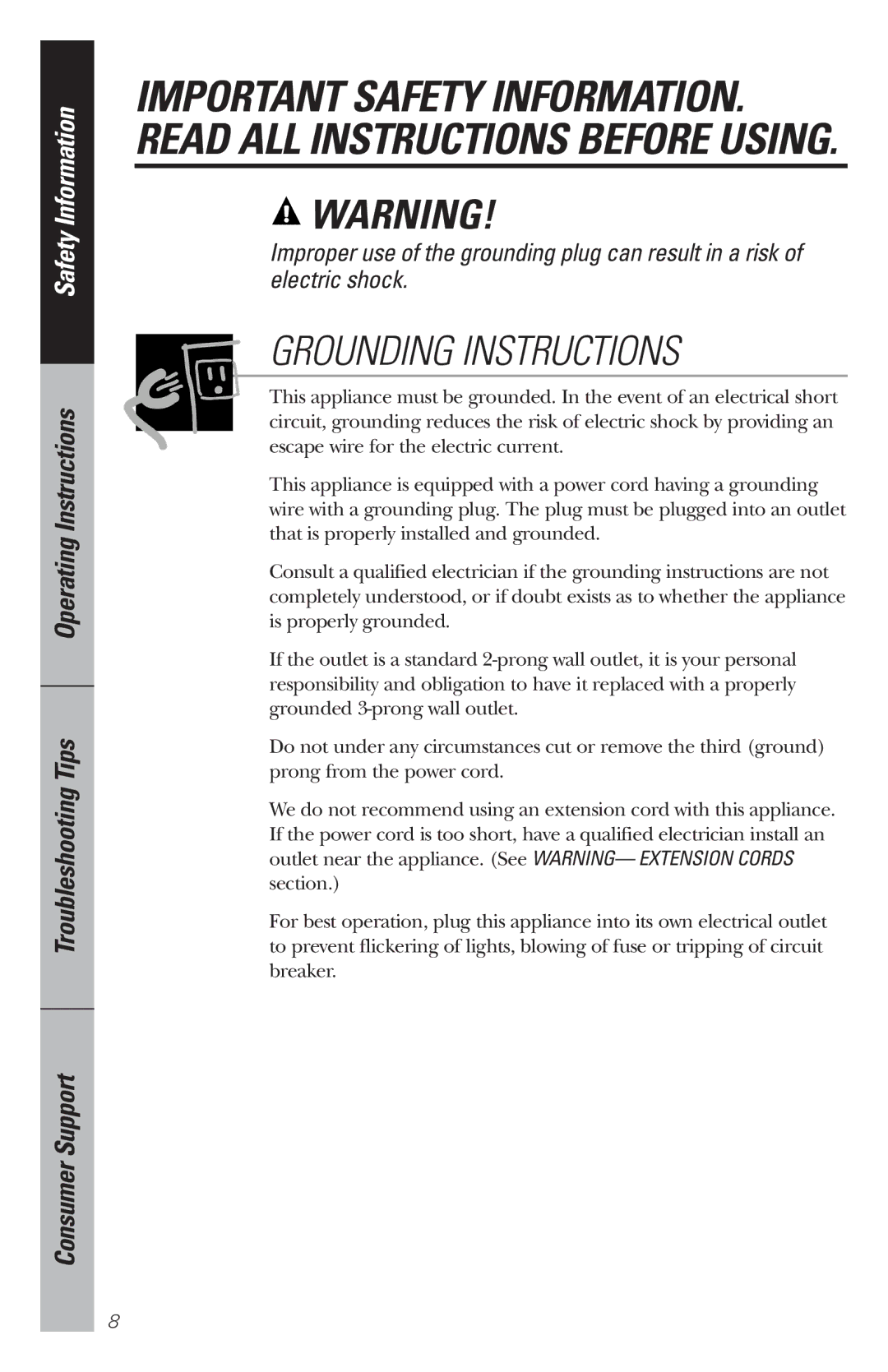 GE WES1130 owner manual Grounding Instructions 