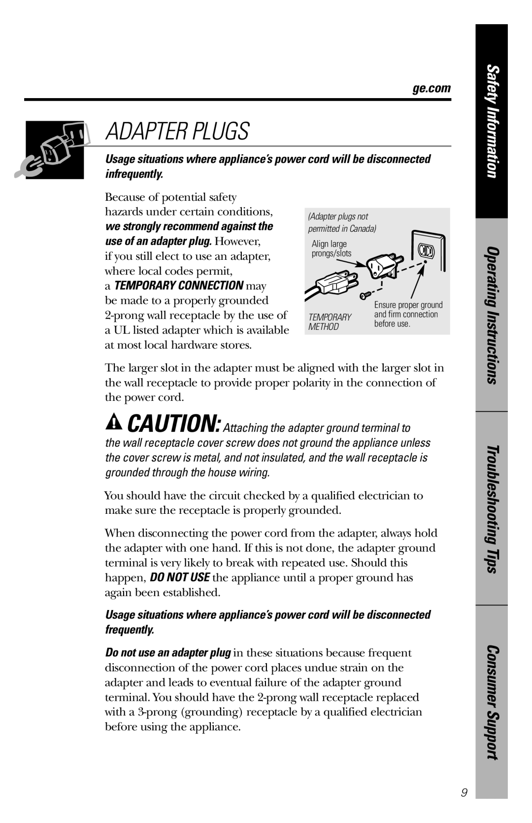 GE WES1130 owner manual Adapter Plugs, Infrequently 