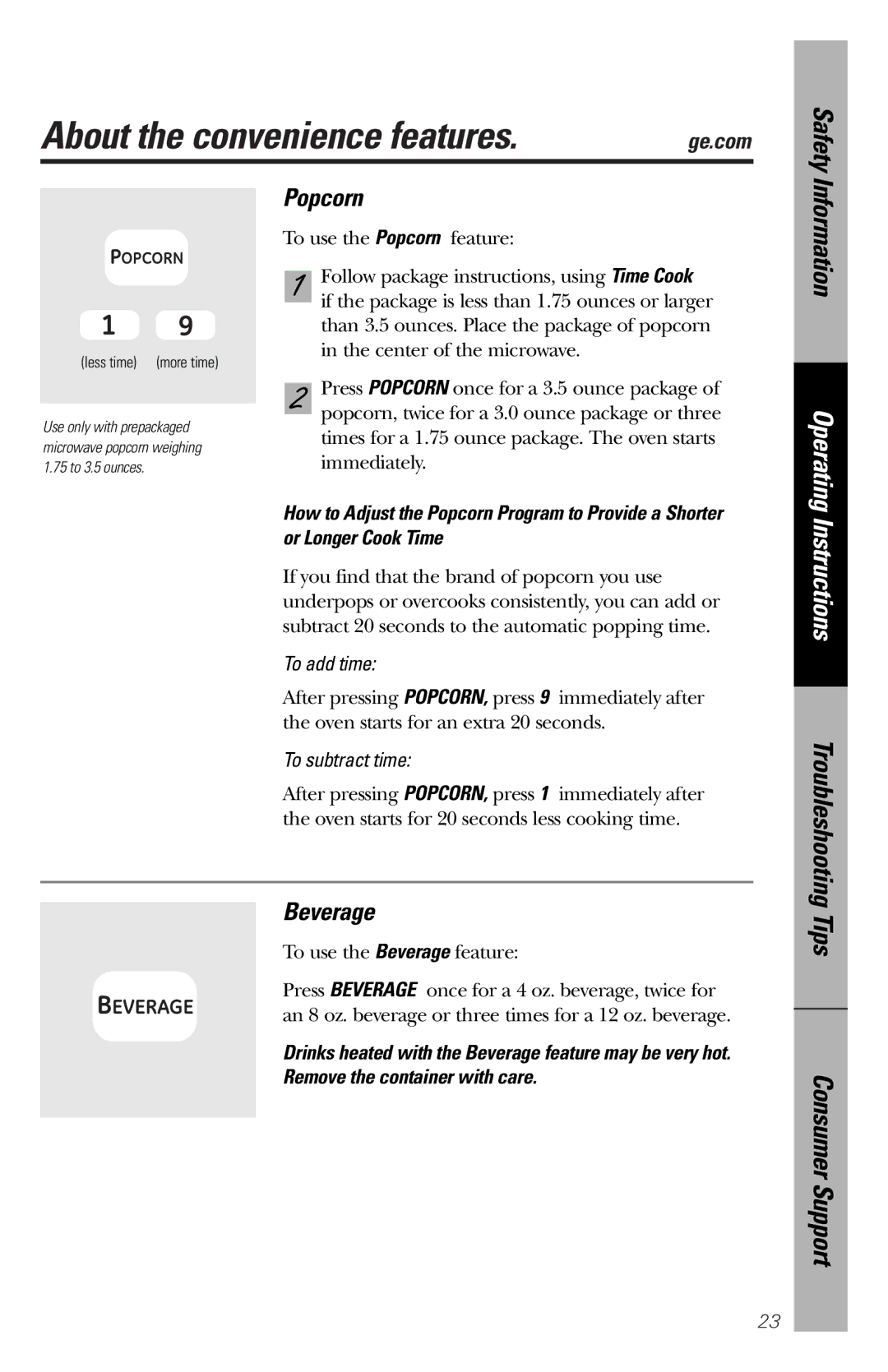 GE WES1130 owner manual About the convenience features, Popcorn, Beverage, Troubleshooting 