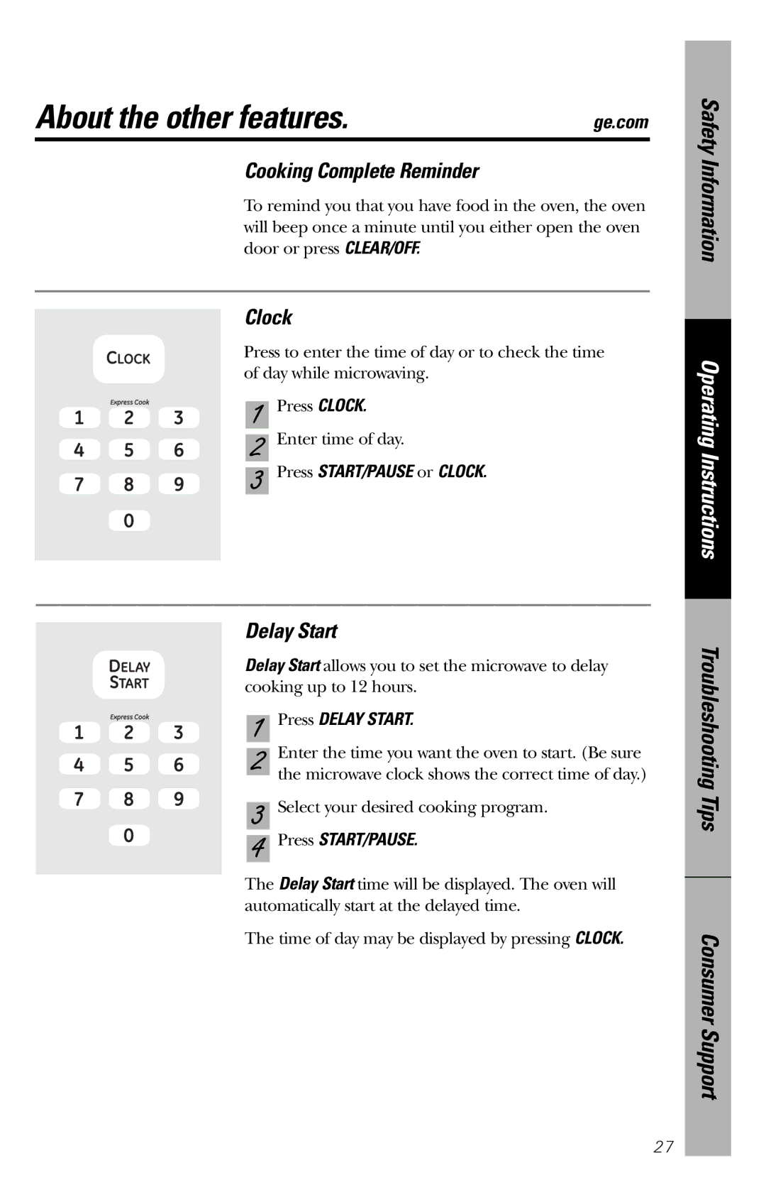 GE WES1130 owner manual About the other features, Cooking Complete Reminder, Clock, Press Delay Start 