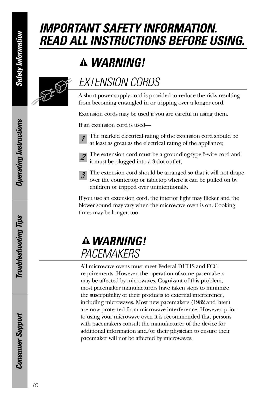 GE WES1130 owner manual Extension Cords, Pacemakers, Important Safety Information. Read All Instructions Before Using 