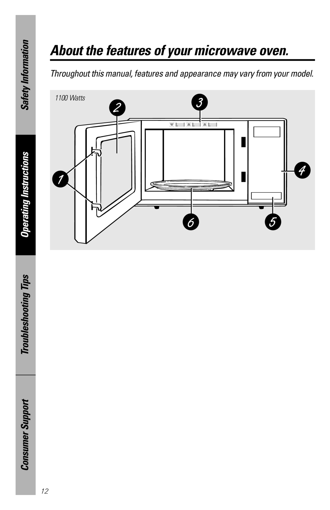 GE WES1130 owner manual About the features of your microwave oven, Safety Information, Operating Instructions, Watts 