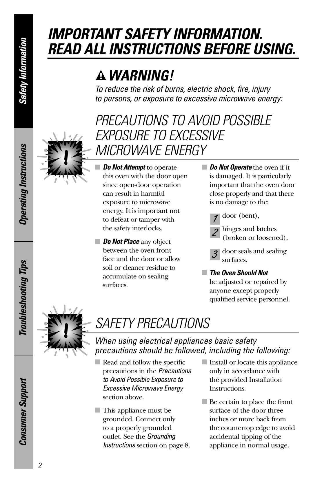 GE WES1130 owner manual Exposure To Excessive Microwave Energy, Safety Precautions, Safety Information, Consumer Support 