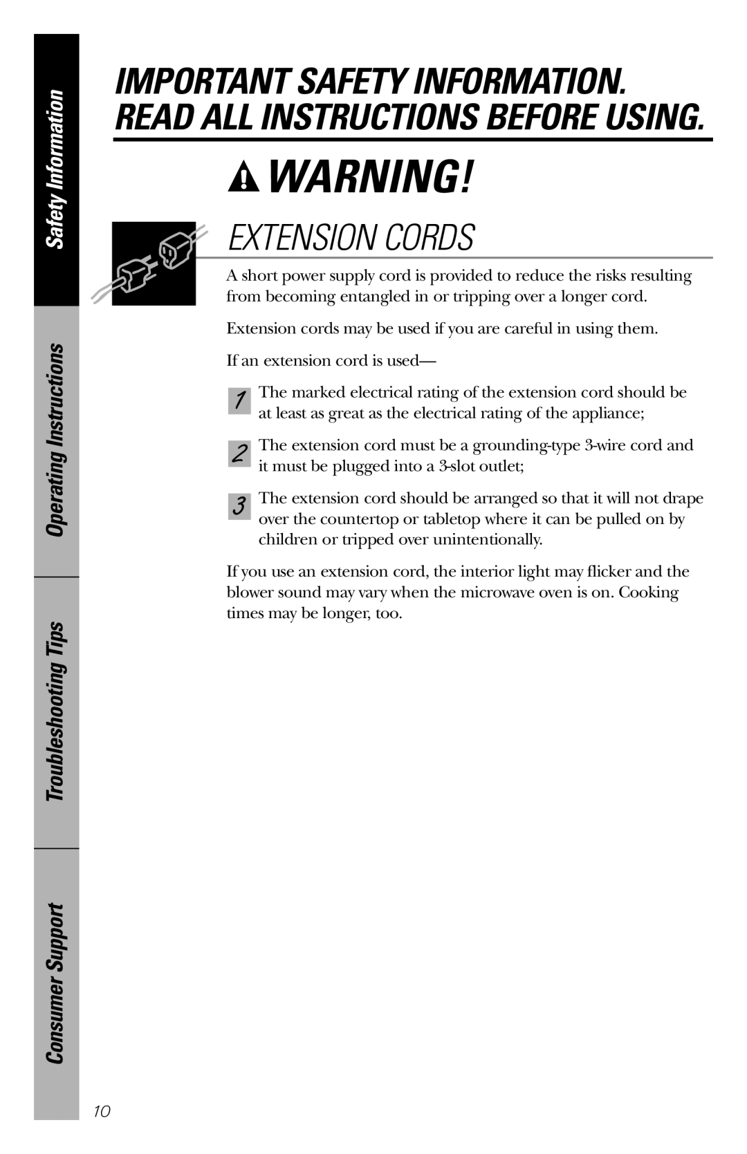 GE WES1130 owner manual Extension Cords, Important Safety Information. Read All Instructions Before Using 