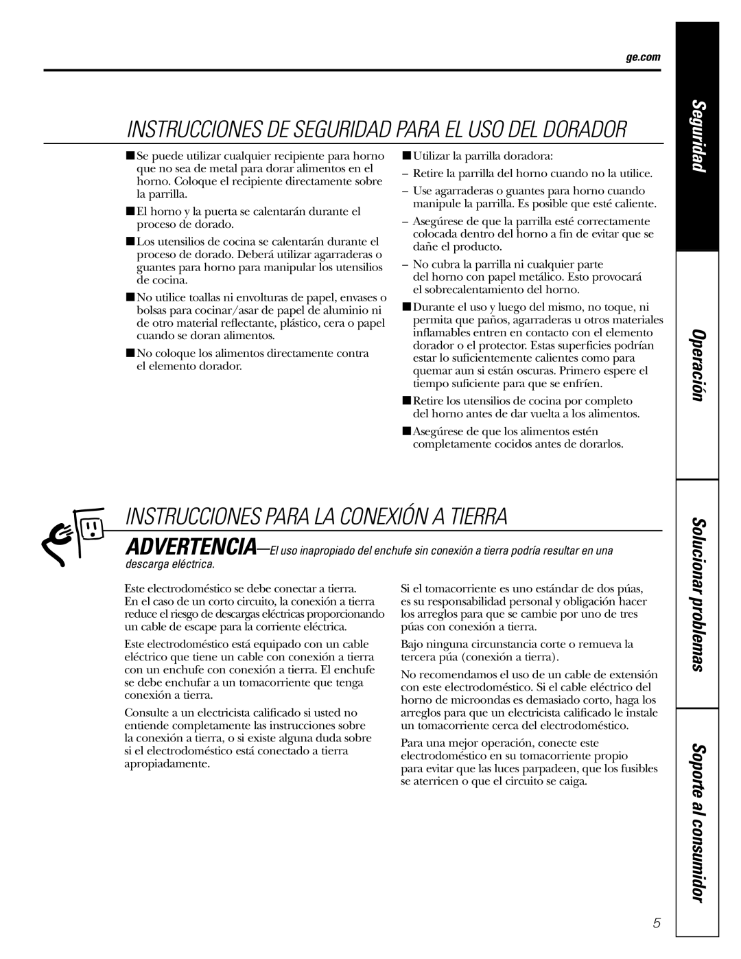 GE WES1384SMSS owner manual Instrucciones Para LA Conexión a Tierra, Instrucciones DE Seguridad Para EL USO DEL Dorador 