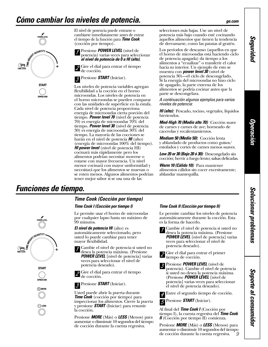 GE WES1384SMSS owner manual Funciones de tiempo, Time Cook Cocción por tiempo 