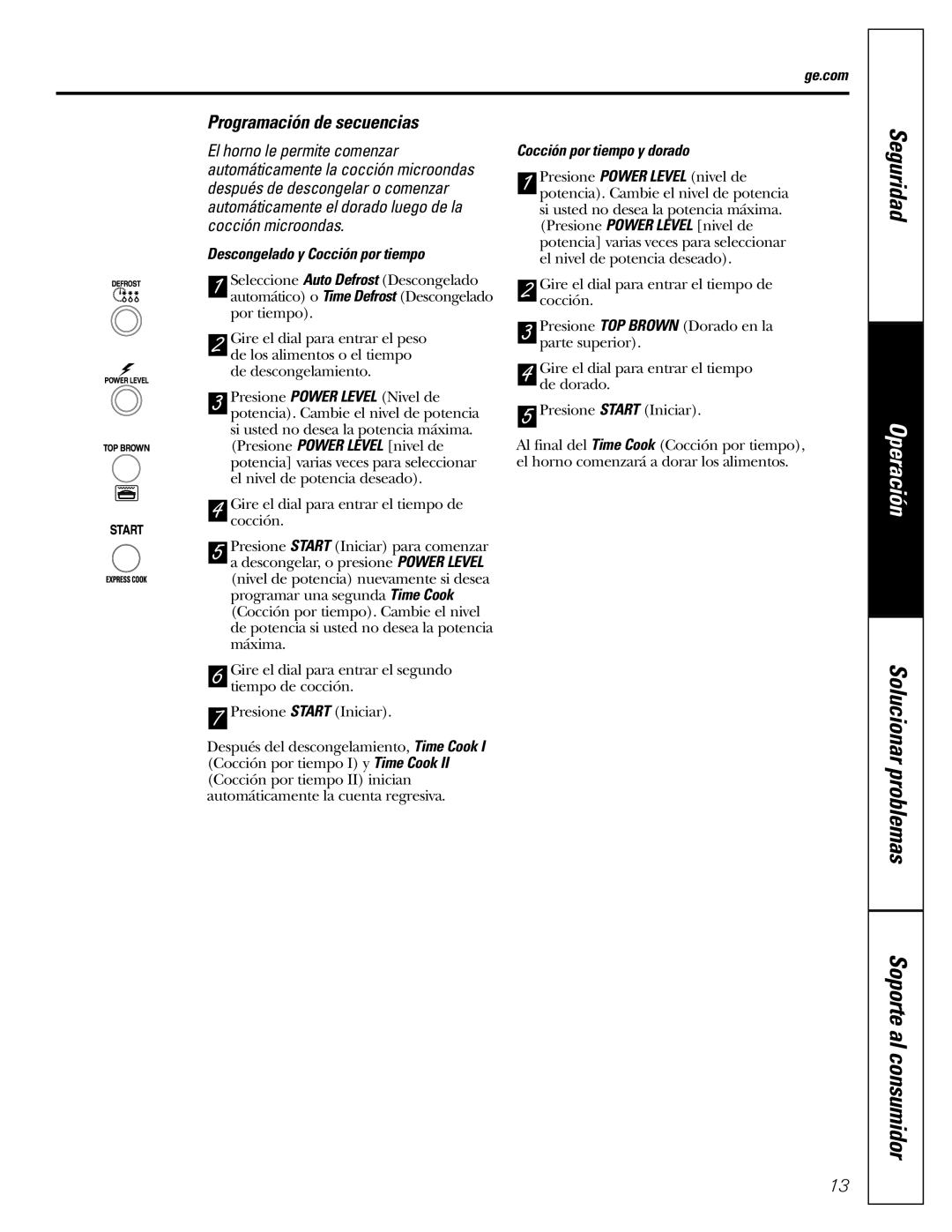 GE WES1384SMSS owner manual Programación de secuencias, Descongelado y Cocción por tiempo, Cocción por tiempo y dorado 