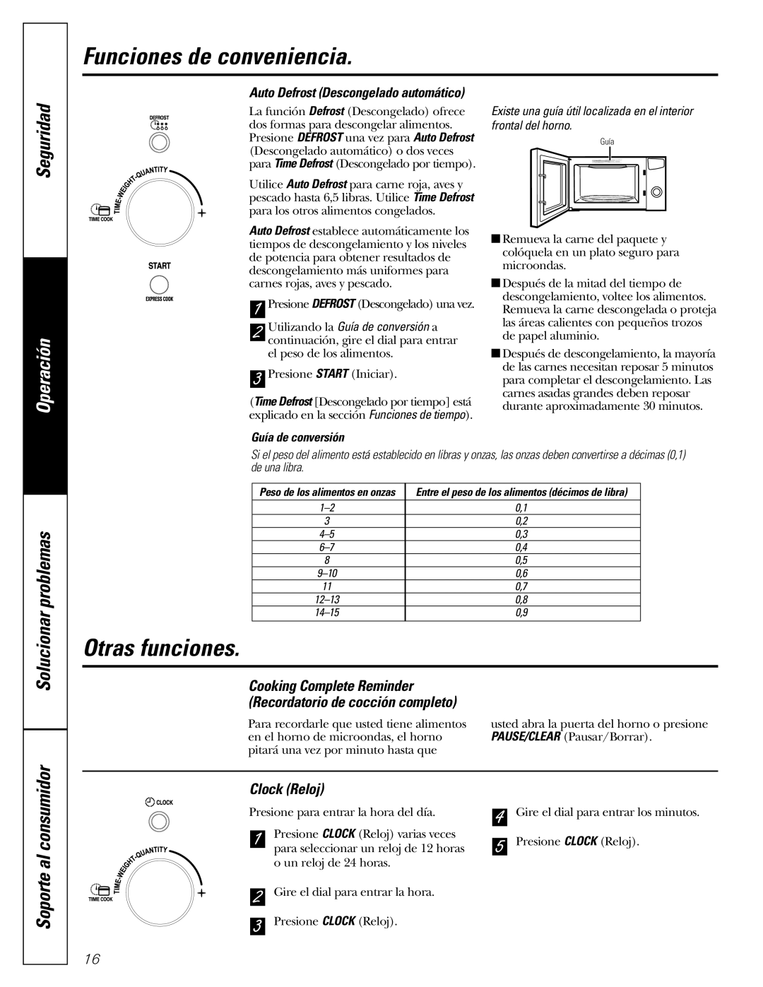 GE WES1384SMSS owner manual Otras funciones, Clock Reloj, Auto Defrost Descongelado automático, Guía de conversión 