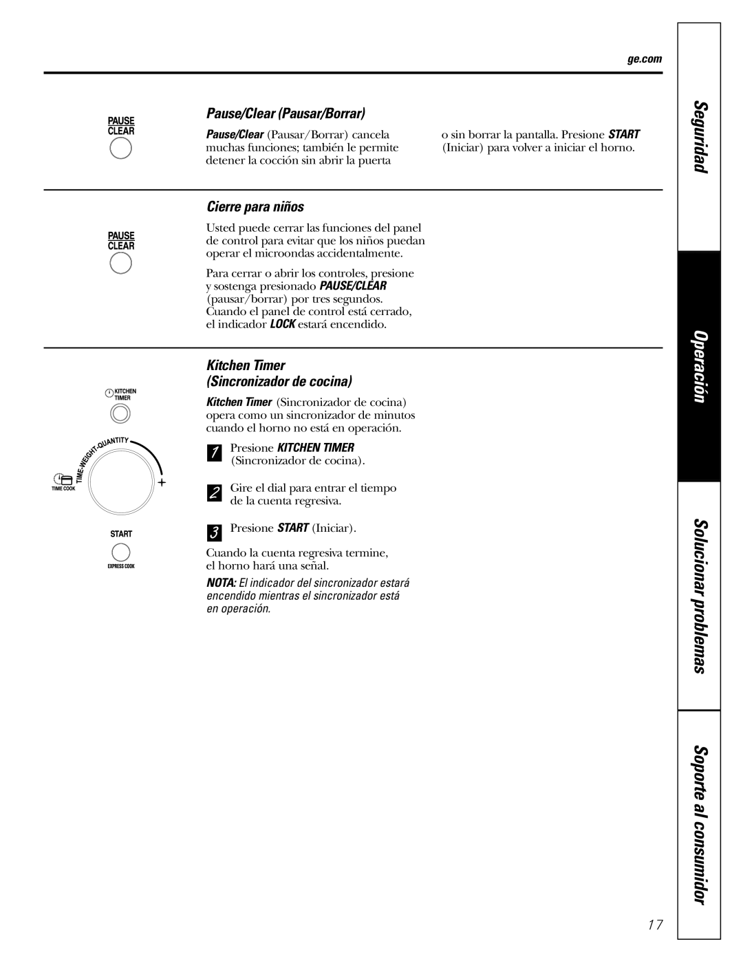 GE WES1384SMSS Pause/Clear Pausar/Borrar, Cierre para niños, Kitchen Timer Sincronizador de cocina, Presione Kitchen Timer 