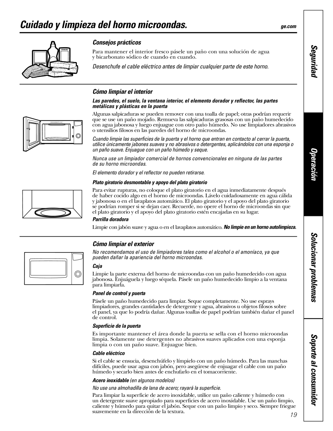 GE WES1384SMSS owner manual Cuidado y limpieza del horno microondas, Consejos prácticos, Cómo limpiar el interior 