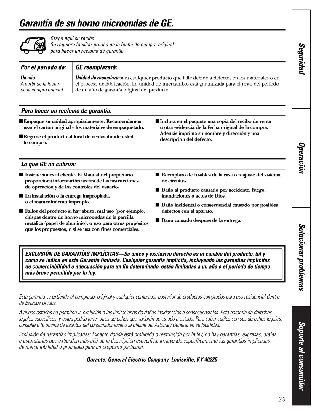 GE WES1384SMSS Garantía de su horno microondas de GE, Por el período de GE reemplazará, Para hacer un reclamo de garantía 