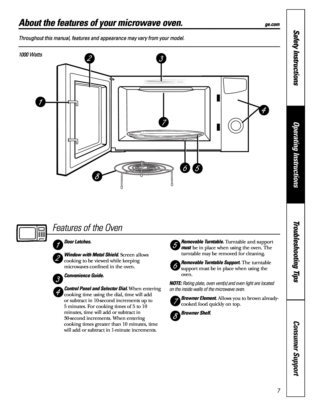 GE WES1384SMSS About the features of your microwave oven, Features of the Oven, Safety Instructions, Troubleshooting Tips 