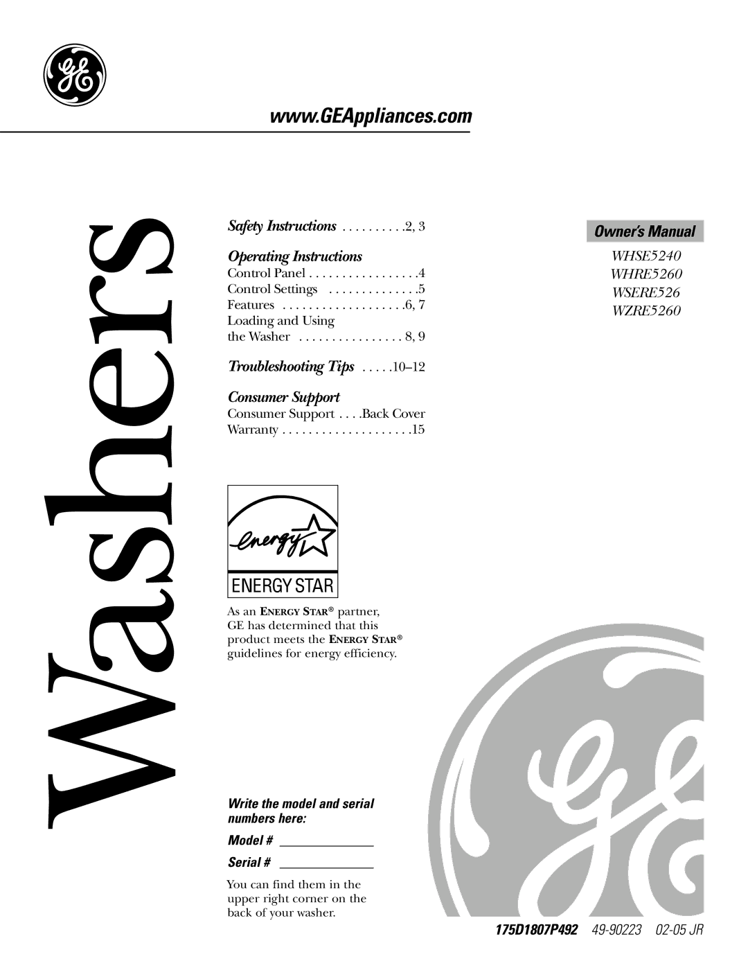 GE WSERE526, WHRE5260, WHSE5240, WZRE5260 owner manual Washers 