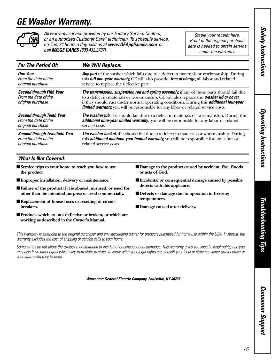 GE WZRE5260, WHRE5260, WSERE526, WHSE5240 owner manual GE Washer Warranty, For The Period We Will Replace, What Is Not Covered 