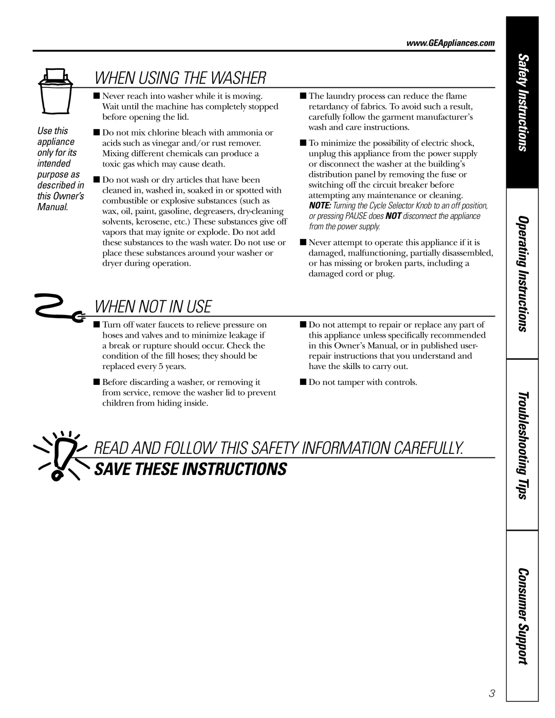 GE WZRE5260, WHRE5260, WSERE526, WHSE5240 owner manual When Using the Washer 