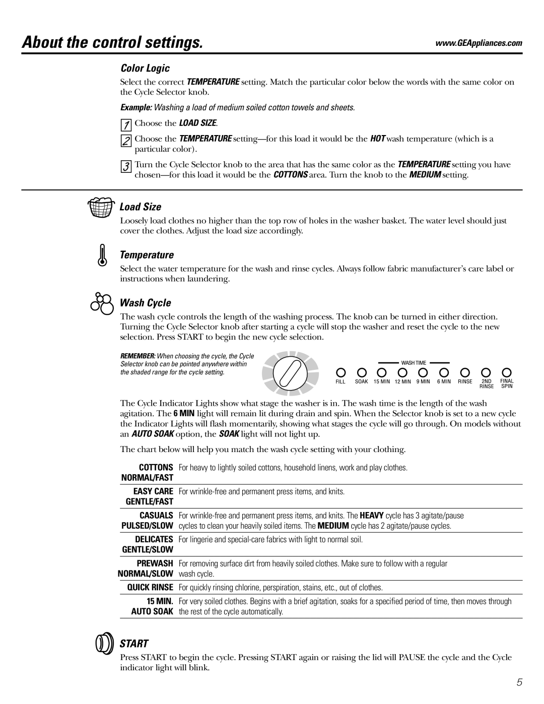 GE WSERE526, WHRE5260, WHSE5240, WZRE5260 About the control settings, Color Logic, Load Size, Temperature, Wash Cycle 