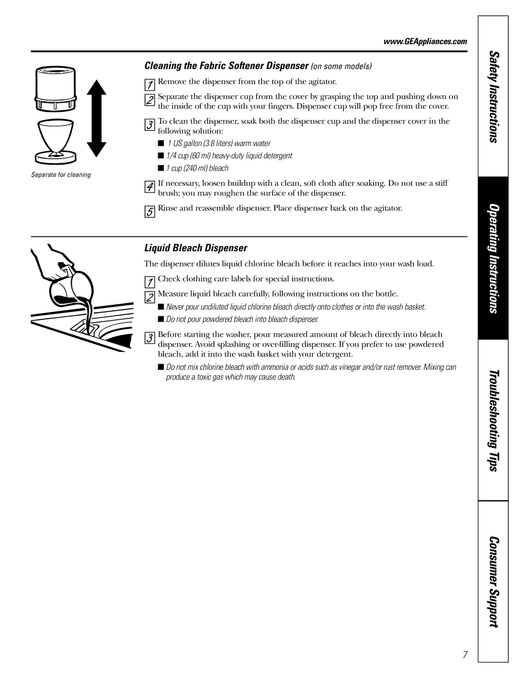 GE WZRE5260, WHRE5260, WSERE526, WHSE5240 Cleaning the Fabric Softener Dispenser on some models, Liquid Bleach Dispenser 