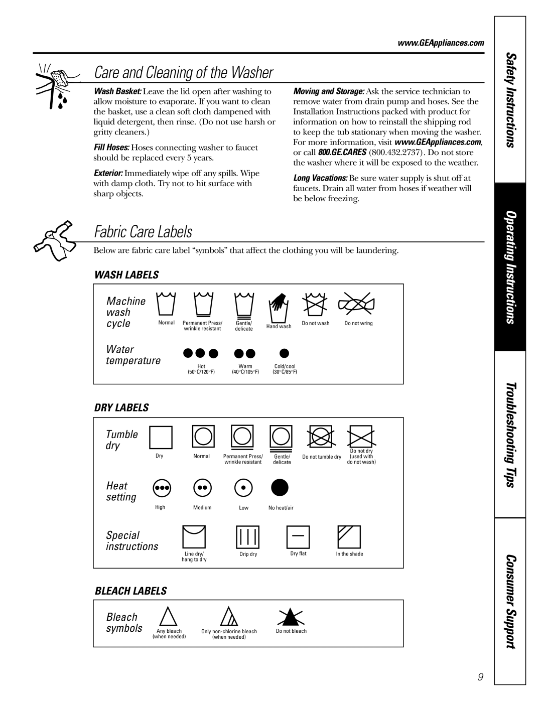 GE WSERE526, WHRE5260, WHSE5240, WZRE5260 owner manual Care and Cleaning of the Washer 