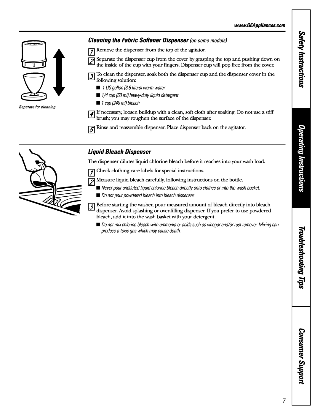 GE WZRE5260, WHRE5260 Troubleshooting Tips Consumer Support, Liquid Bleach Dispenser, 1 2 3, Operating Instructions 